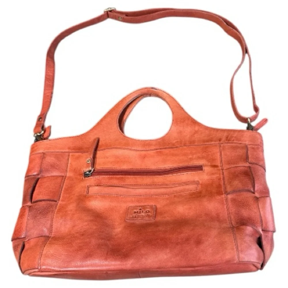 Woven Leather Crossbody Tote in Rust